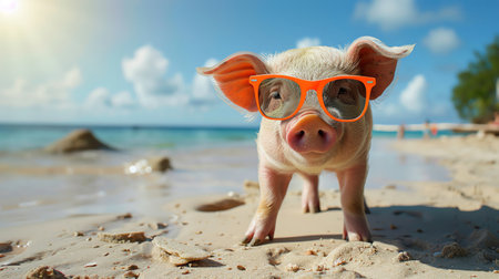 Pig with orange sunglasses on a beach, fun and whimsicalの素材