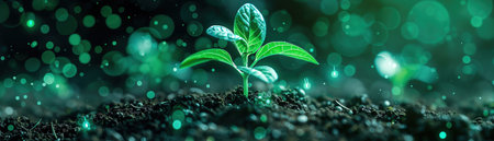 Sprout in soil with digital interface, futuristic green lighting, closeupの素材