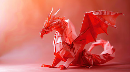 Origami dragon in vivid red, smooth backdrop, soft lighting, intricate foldsの素材