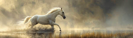Majestic white Pegasus galloping through mist, dramatic light, low angleの素材