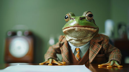 A comically dressed frog in a detective outfit leaning on a desk against a green backgroundの素材