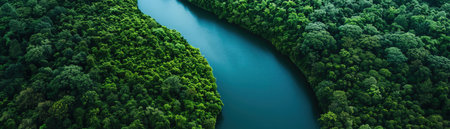 Aerial view of a winding river through dense evergreen forestの素材