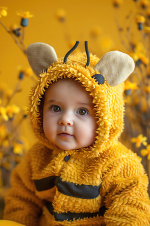 Baby in bee costume, yellow backdrop, front view, adorable and sweetの素材
