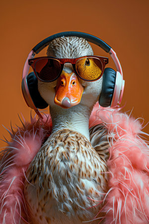 Duck with sunglasses and headphones, orangepink backgroundの素材