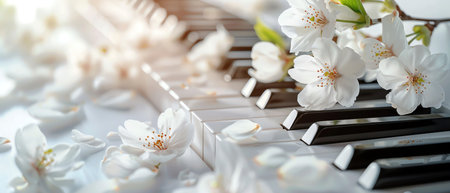Piano keys with blooming flowers, music and nature fusion, petals on white, spring melodyの素材