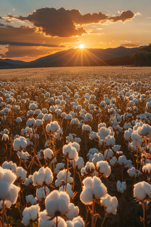 Cotton field at sunset, mountains backdrop, vibrant colors, low angle, golden hourの素材