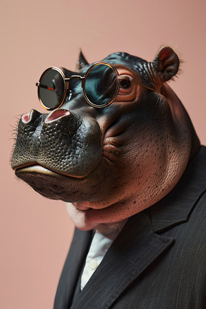 Hippo in suit and sunglasses, pink background, closeup, whimsical and dapperの素材