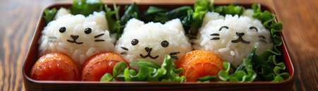 Cute bento boxes with rice shaped like cats, playful presentationの素材