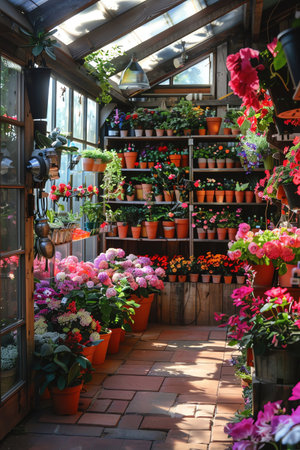 A warm, sunlit greenhouse brimming with a variety of vibrant potted flowers and plants arranged neatly on shelvesの素材
