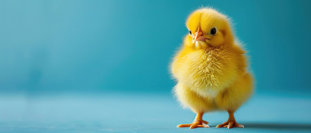 A cute and fluffy yellow chick standing alone against a striking blue backgroundの素材