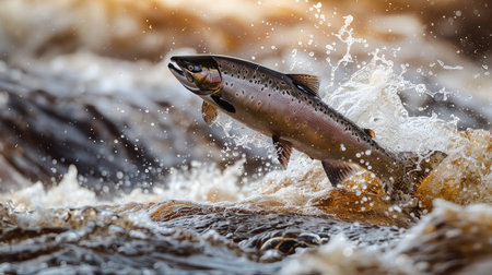 A powerful salmon defies the rushing rapids, leaping upwards during its annual upstream migration in a display of natural determinationの素材
