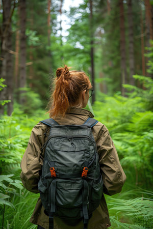 A female hiker with a backpack ventures through a lush green forest, symbolizing adventure, exploration, and connection with natureの素材