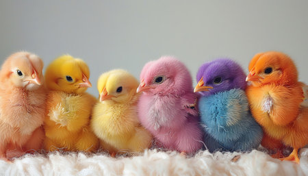 A cluster of colorful, dyed chicks creates a playful and festive atmosphere for Easter celebrations and decorationsの素材