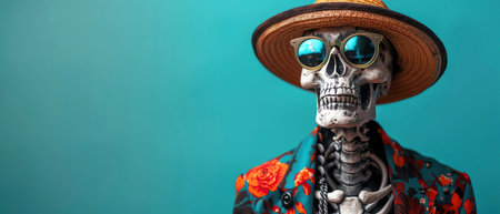 A quirky skeletal figure wearing a stylish hat and sunglasses against a vibrant teal backdropの素材