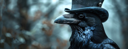 A stylized portrait of a raven clad in a gentlemans black top hat, exuding an air of mystery and intelligenceの素材