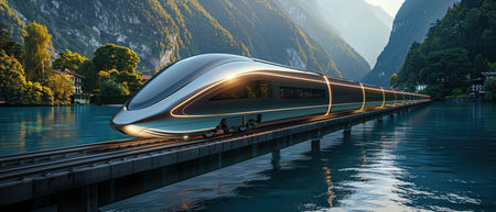 A highspeed train slicing through the countryside, featuring sleek design and cuttingedge magnetic levitation technologyの素材