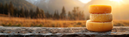 Cheese stack on wood, alpine backdrop, golden hour lighting, medium shotの素材