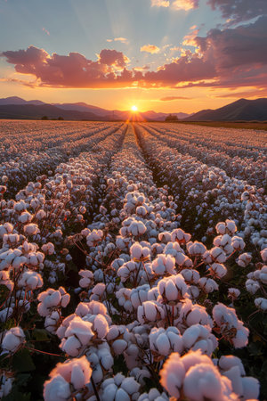 Cotton field at sunset, mountains backdrop, vibrant colors, low angle, golden hourの素材