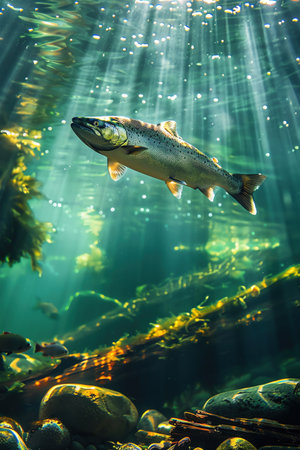 Salmon fish swimming in clear water with sunlight filtering through the surface in a natural habitatの素材