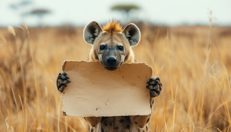 Hyena holding a blank sign, standing in dry grassland, curious lookの素材