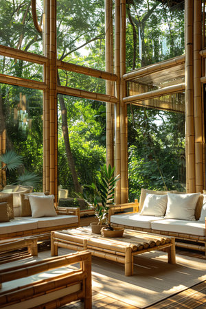 Interior of an ecological house with bamboo furniture and large windows overlooking a serene garden, promoting natural light and air flowの素材