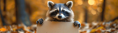 Raccoon holding a blank sign, autumn forest background, playful eyesの素材