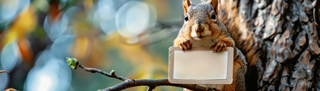 Squirrel holding a blank sign, perched on a tree branch, inquisitiveの素材