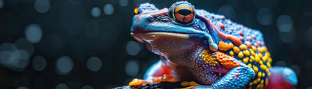 Multicolored frog, closeup, glistening, dark background, sharp focusの素材