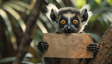 Lemur holding a blank sign, in a tree, wideeyed expressionの素材