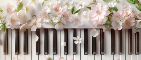 Piano keys with blooming flowers, music and nature fusion, petals on white, spring melodyの素材