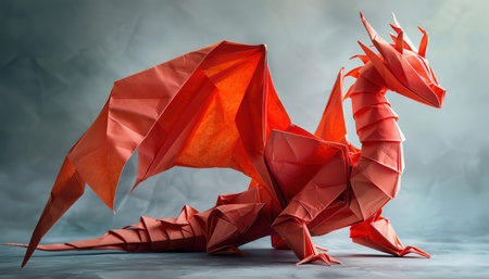 Origami dragon in vivid red, smooth backdrop, soft lighting, intricate foldsの素材