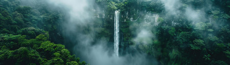 Aerial view of majestic waterfall cascading through dense, misty rainforestの素材