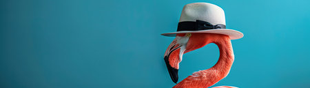 A quirky pink flamingo donning a fashionable white fedora, set against a vibrant blue background, adding a whimsical touchの素材