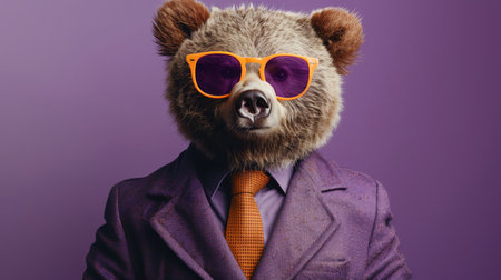 Bear in purple suit with sunglasses and orange tie, confident pose, studio lighting, purple backgroundの素材