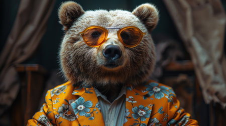 Bear in an orange floral suit with sunglasses, stylish pose, dark background, studio lightingの素材