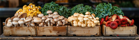 Assorted mushrooms and kale in wooden crates at a market, vibrant and freshの素材