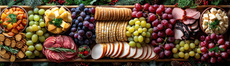 Festive table with roasted turkey, ham, grapes, and various appetizers, decorated with pinecones and greeneryの素材