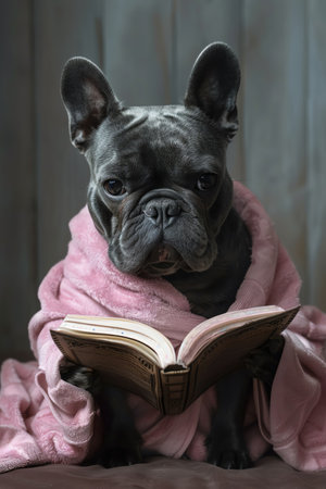 French bulldog reading, humorous concept, quirky animal portrait, bathroom settingの素材
