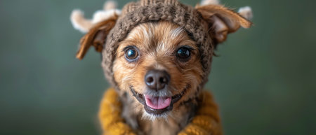 Dog in reindeer costume, happy expression, green background, studio lightingの素材