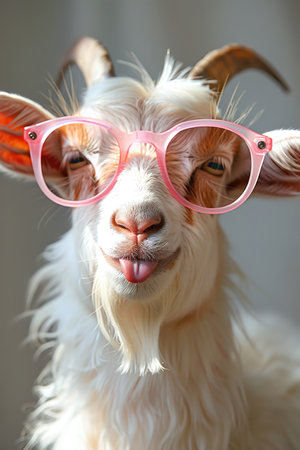 Goat wearing pink glasses, sticking tongue out, white background, playful expressionの素材