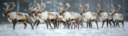 Herd of reindeer walking through snowy landscape, cold weather, organized lineの素材