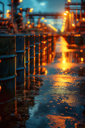 Oil barrels stacked on a wet ground, industrial background, sunset lightingの素材