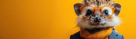 Hedgehog wearing glasses and a suit against a yellow background Quirky, humorousの素材