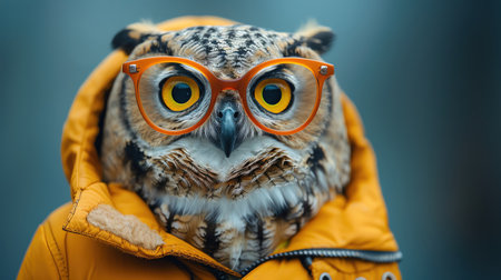 Owl wearing orange glasses and jacket, facing forward, blue backgroundの素材