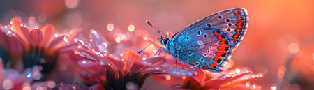 Iridescent butterfly on a dewy flower, soft morning light, closeup, vibrant colorsの素材