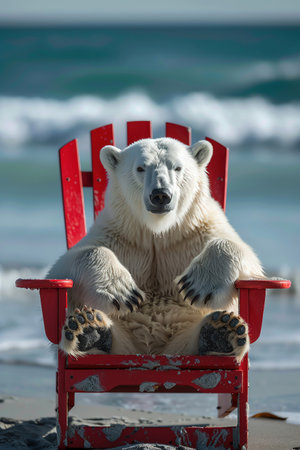 Polar bear lounging in red beach chair, ocean backdrop, sunny day, relaxed poseの素材