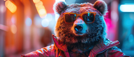 Bear in vibrant 80s outfit with sunglasses, dancing, orange and pink gradient backgroundの素材