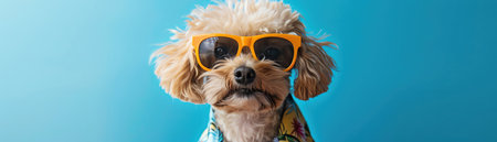 A small dog wearing sunglasses and a Hawaiian shirt, with a blue backgroundの素材