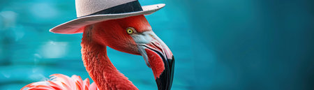 A quirky pink flamingo donning a fashionable white fedora, set against a vibrant blue background, adding a whimsical touchの素材