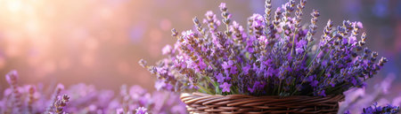 Basket filled with fresh lavender, purple background, serene and aromaticの素材